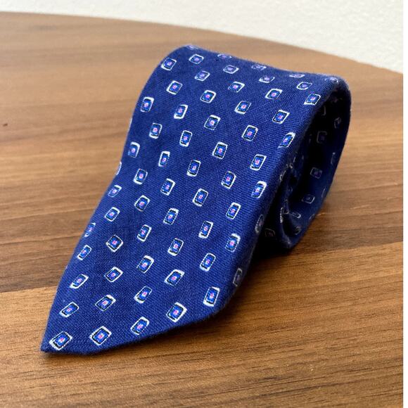 Polo Ralph Lauren necktie 100% Linen Blue Diamond Pattern Mens - Picture 1 of 10